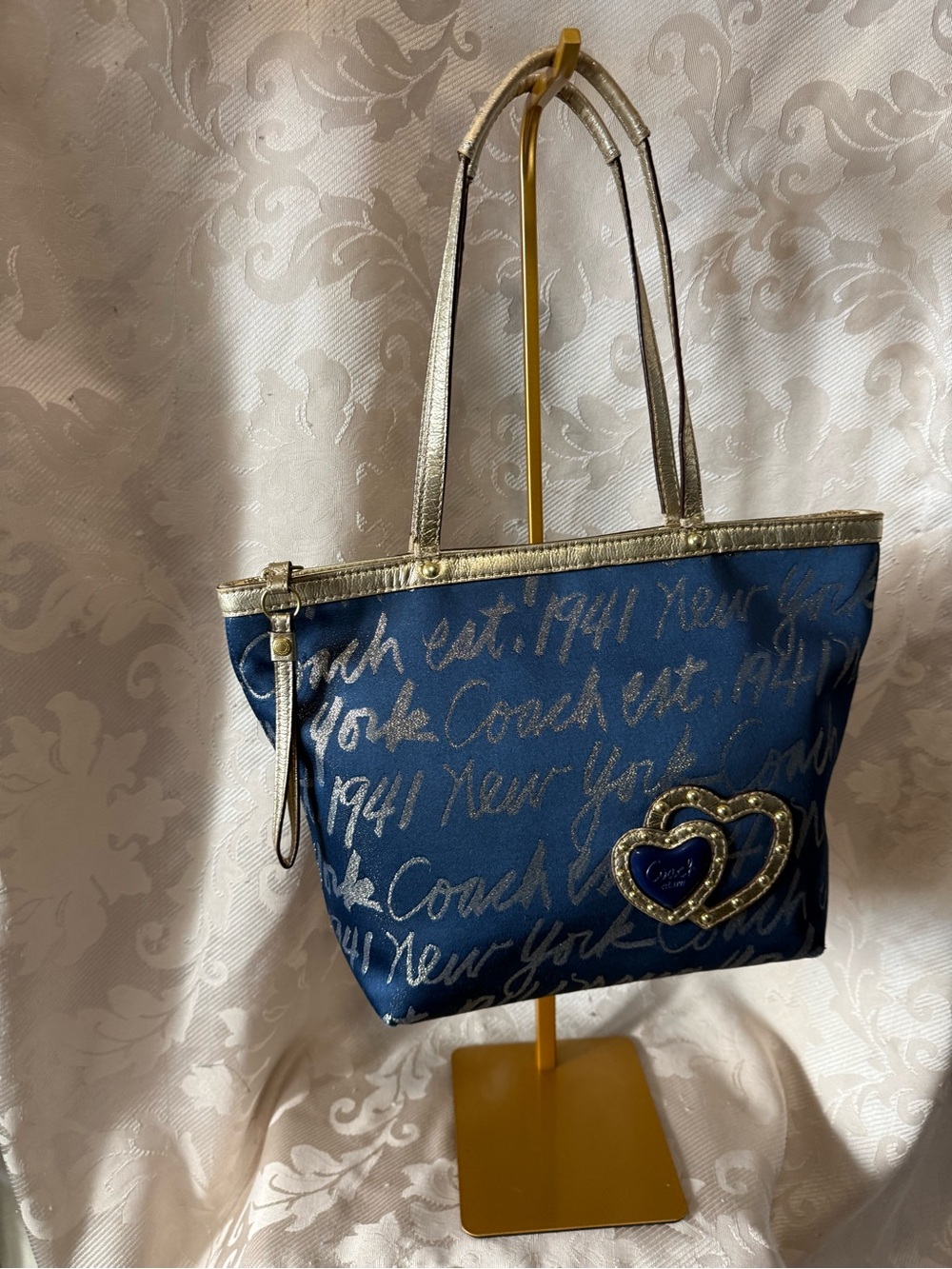 Coach Blue Graffiti Script Tote Bag Gold Trim Heart Charm Zip Top Purse - Picture 2 of 10